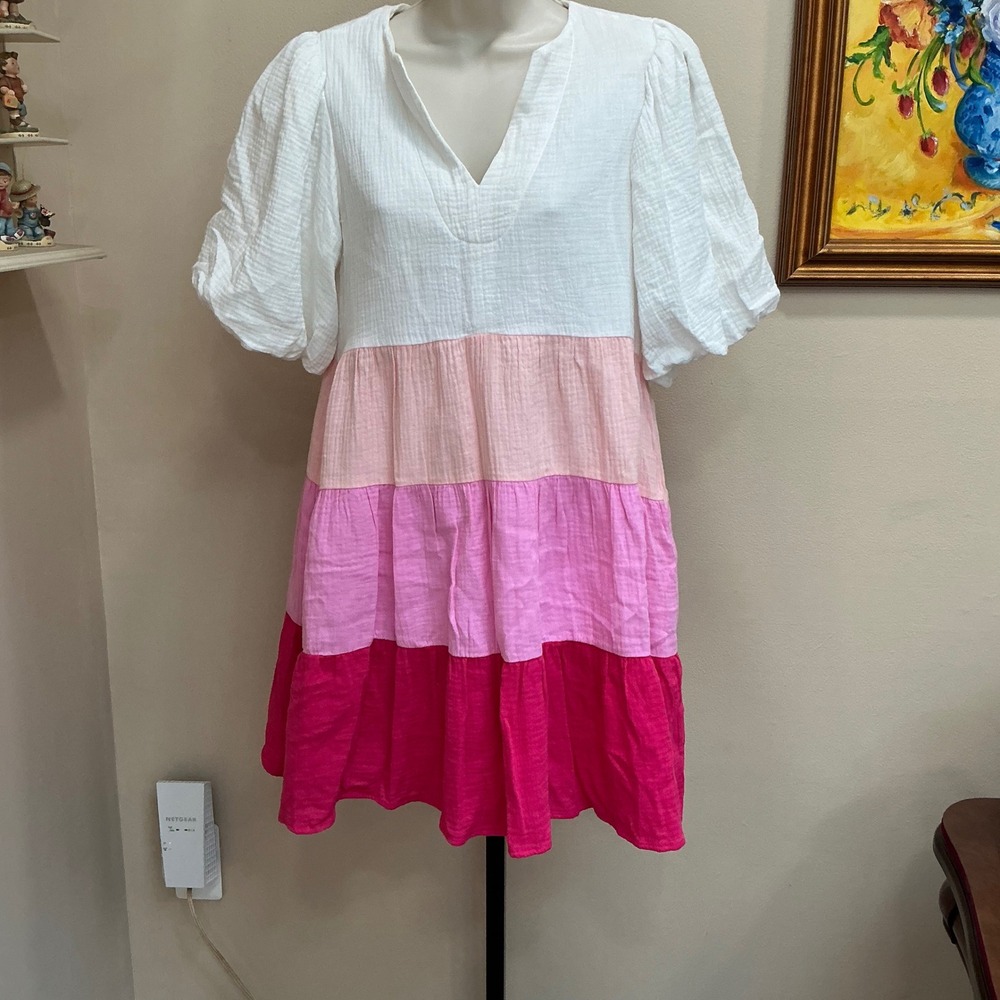 Anthropologie THML Dress XS Pink White Colorblock Tiered Gauze Puff Sleeve Mini